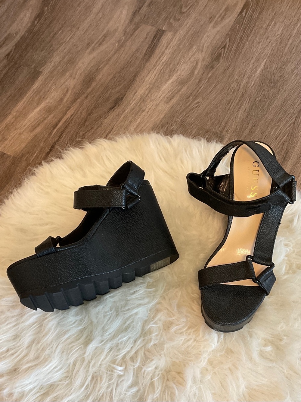 Guess Black Platform Wedge Sandals with Ankle Strap - Picture 4 of 9